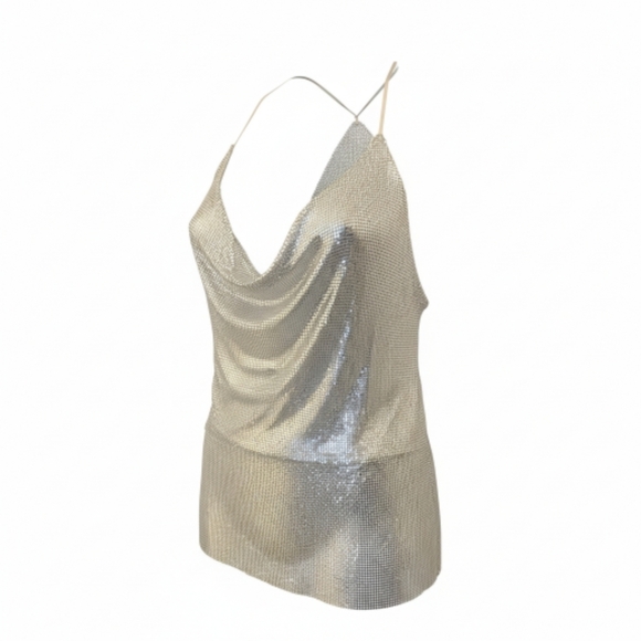 Zara 100% Aluminum Metal Mesh Silver Metallic Halter Top - Picture 3 of 12